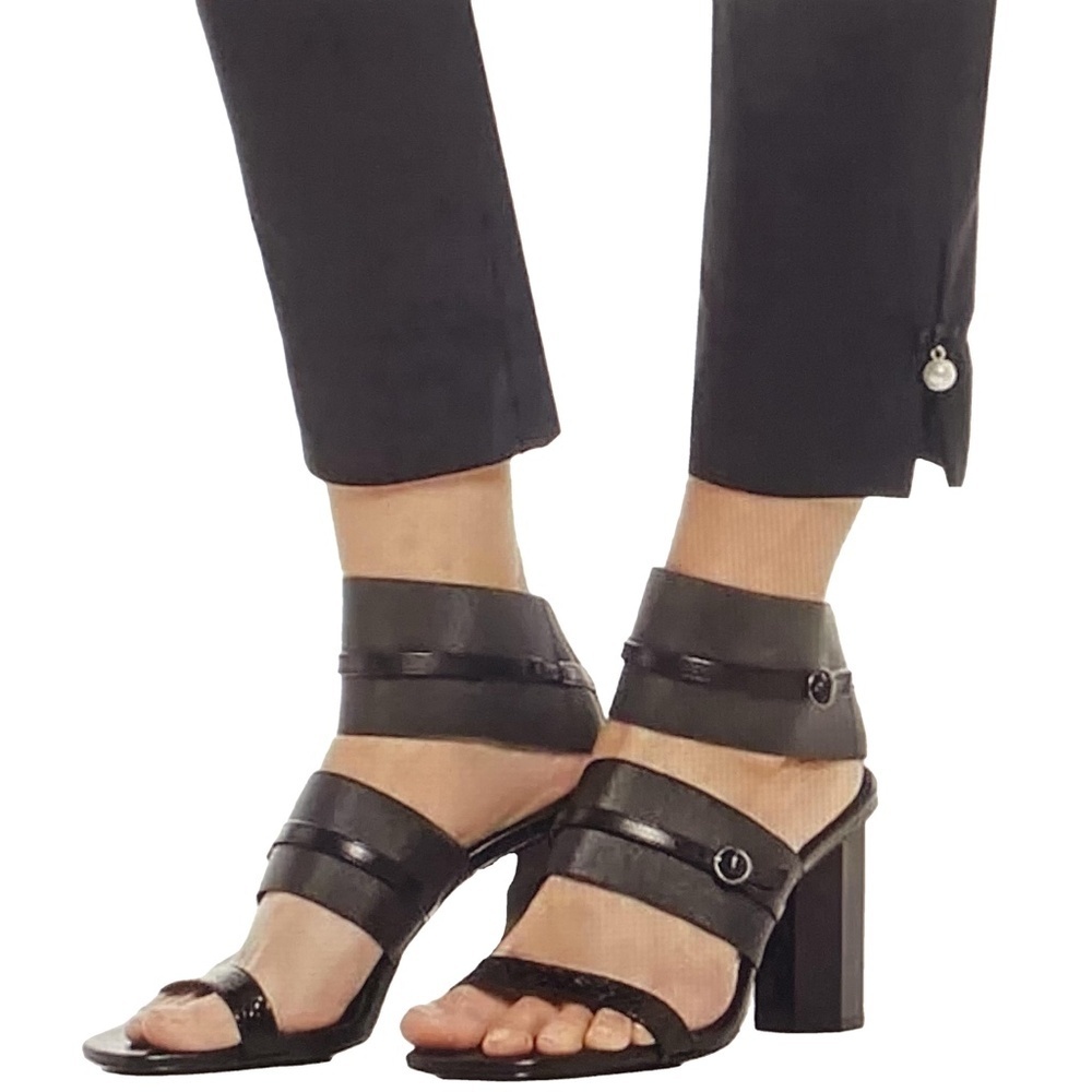 Donald Pliner Edie Black Leather Elastic Strap Block Heel Sandals 8.5 NWOB